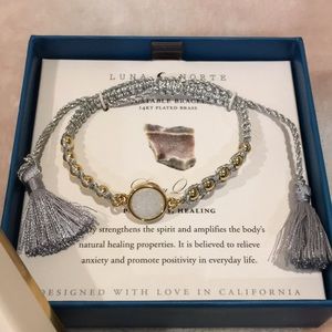 Luna Norte Grey 14kt Gold Plated Brass White Druzy Quartz macramae bracelet NWT